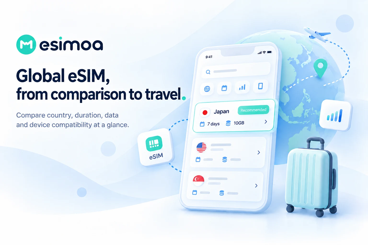 esimoa — Wherever you go, find your eSIM at a glance.. Product concept image