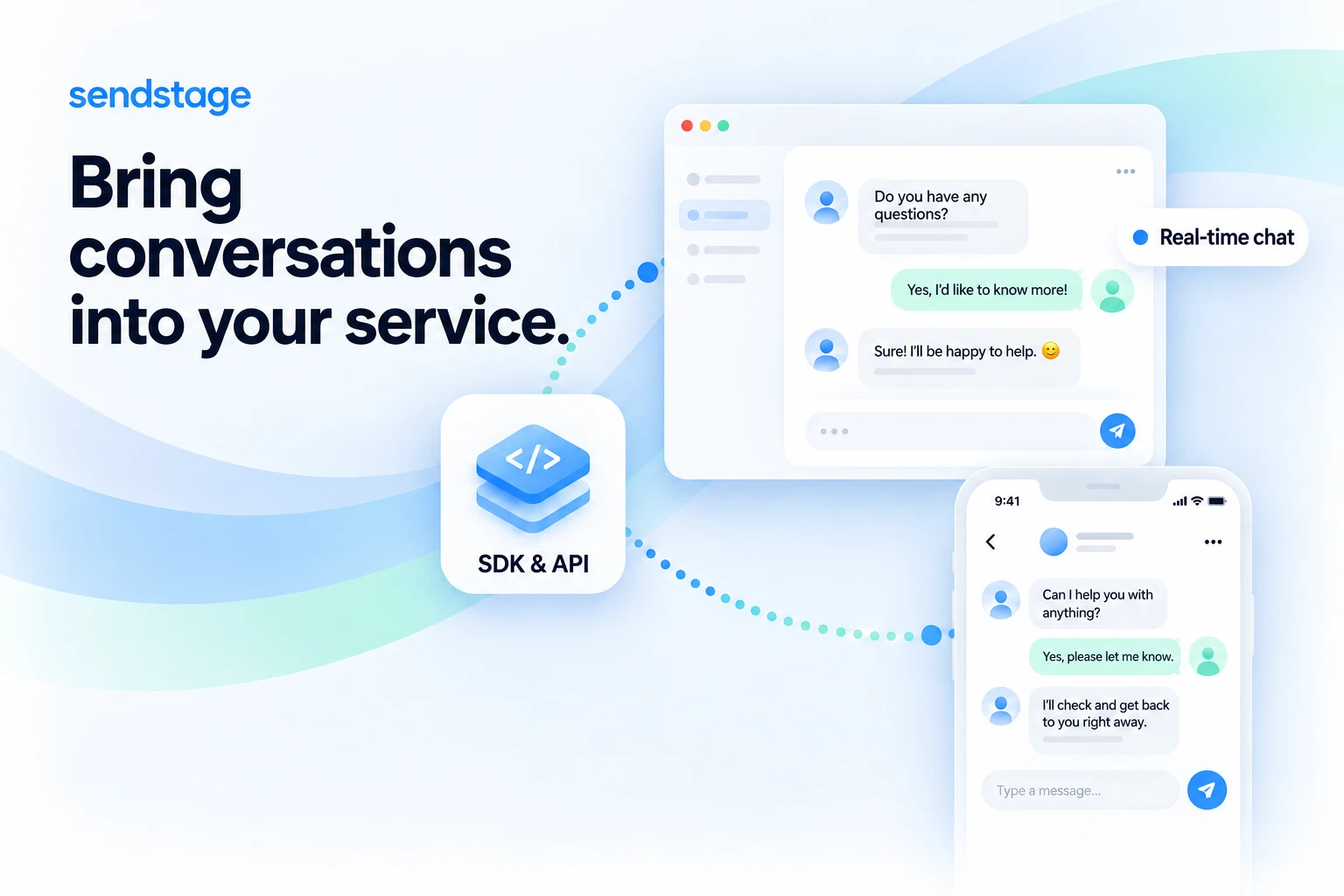 sendstage — Keep conversations going, inside your service.. Product concept image