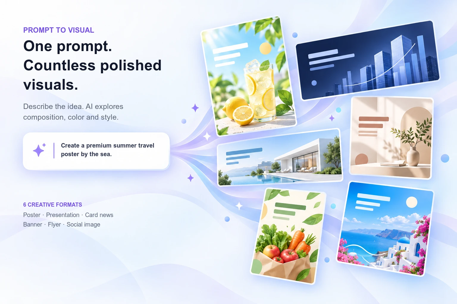SkyCanvas example showing one prompt expanding into a poster, presentation, card news, banner, flyer and social image
