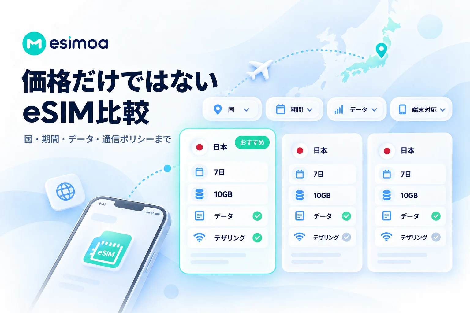 国、期間、データ、端末対応で比較できるeSIMoaのプラン画面