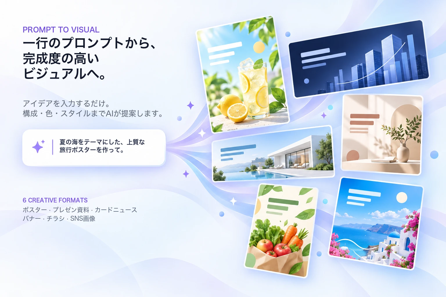 一行のプロンプトがポスター、プレゼン資料、カードニュース、バナー、チラシ、SNS画像に広がるSkyCanvasの例