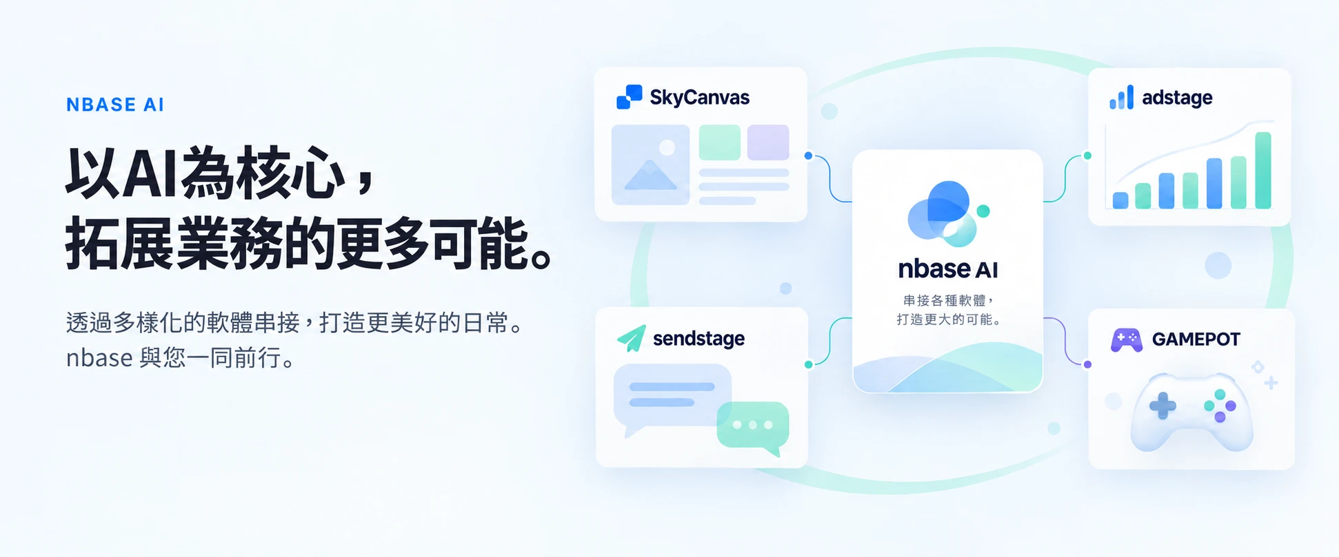 以AI為核心，拓展業務的更多可能。 以多樣的軟體連結更好的日常，nbase與您同行。